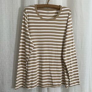 GAP XXL Tan White Cotton Modal Horizontal Striped Favorite Long Sleeve Crew Tee